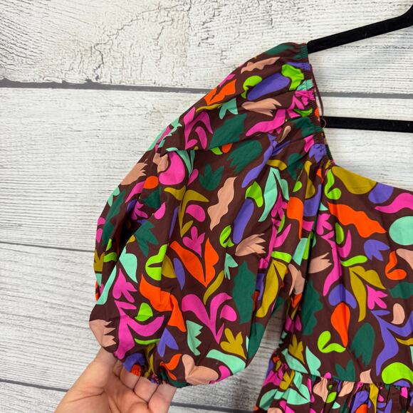 Peach Love Women's Square Neck Puff Sleeve Burgundy Colorful Dress Size Small - Picture 3 of 9